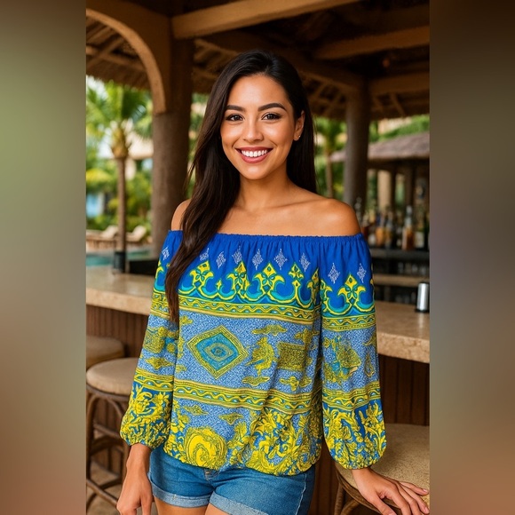 Hale Bob Tops - Hale Bob 100% Silk, Oversized Blue & Yellow Patterned Blouse, On/Off Shoulder S